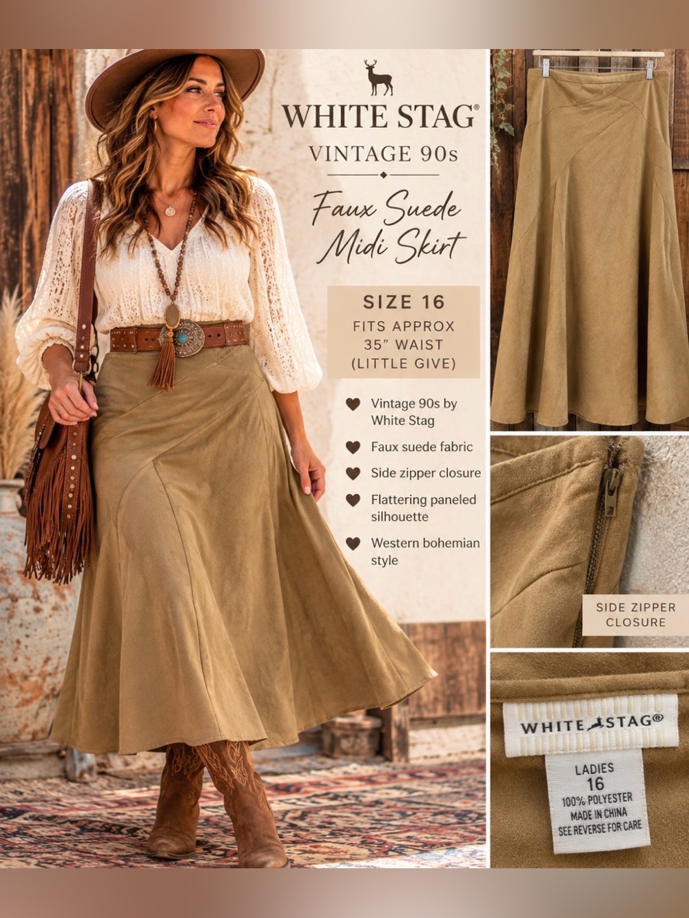 Vintage 90s - White Stag - Faux Suede Midi western boho Skirt in Tan